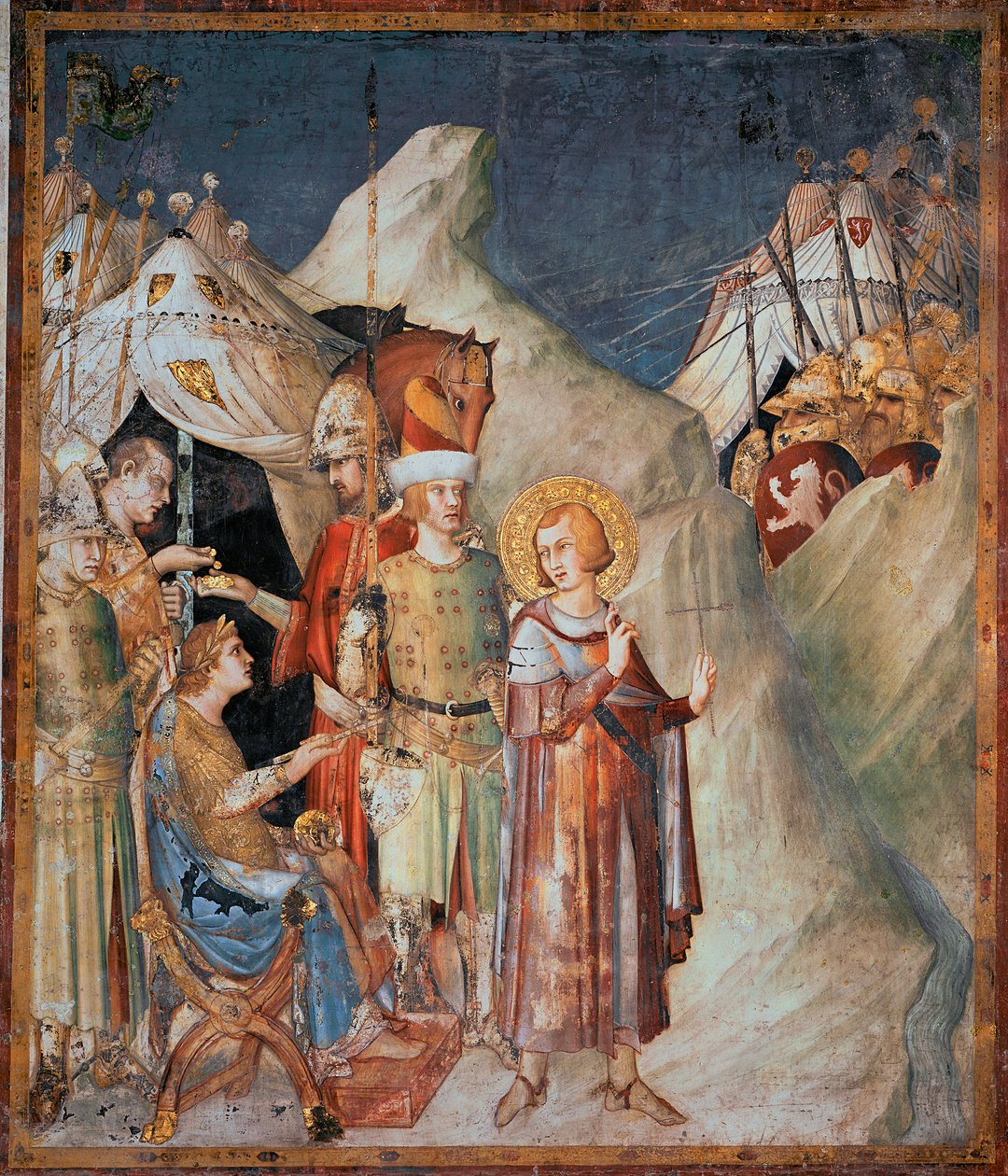 Saint Martin'in hayatından bölümler: “” Saint Martin of Tours silahlardan vazgeçiyor”” Simone Martini tarafından Fresk (1285-1344). 1312-1317 - Dim 265x230 cm Assisi Aziz Francis Alt Bazilikası; Saint Martin Şapeli, Assisi by Simone Martini