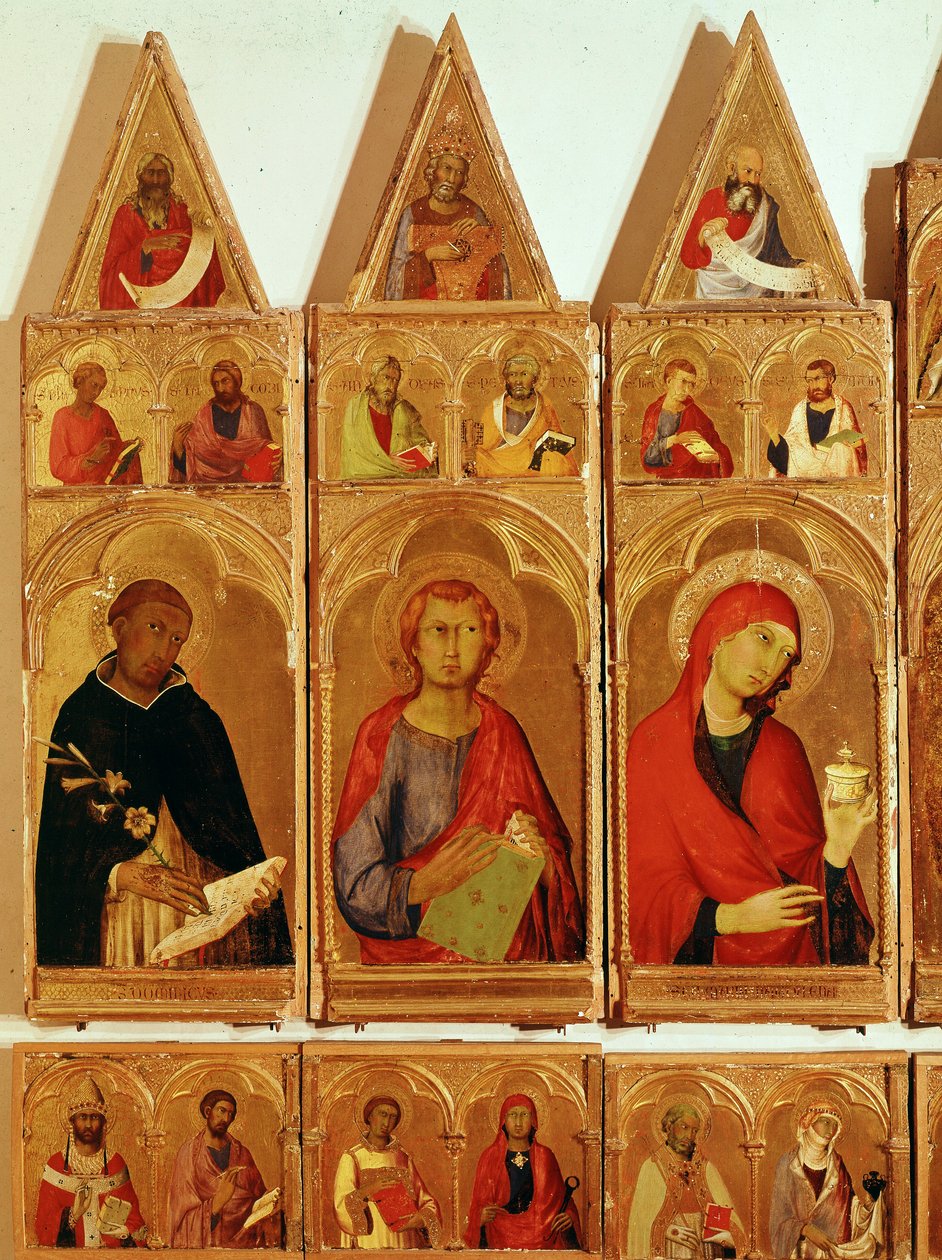 Aziz Dominic, Aziz John Evangelist, Aziz Mary Magdalene. İskenderiye Polyptych Aziz Catherine Detay (ahşap üzerine tempera ve altın by Simone Martini
