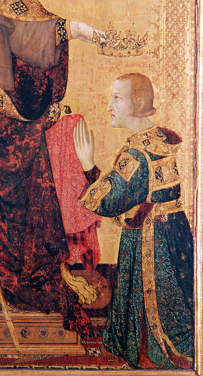 Mutagatifu Louis wa Toulouse (1274-97) yambitse ikamba murumuna we, Robert wa Anjou (1278-1343) kuva ku gicaniro cya Mutagatifu Louis wa Toulouse, 1317 (tempera ku kibaho) (ibisobanuro birambuye 183716) by Simone Martini