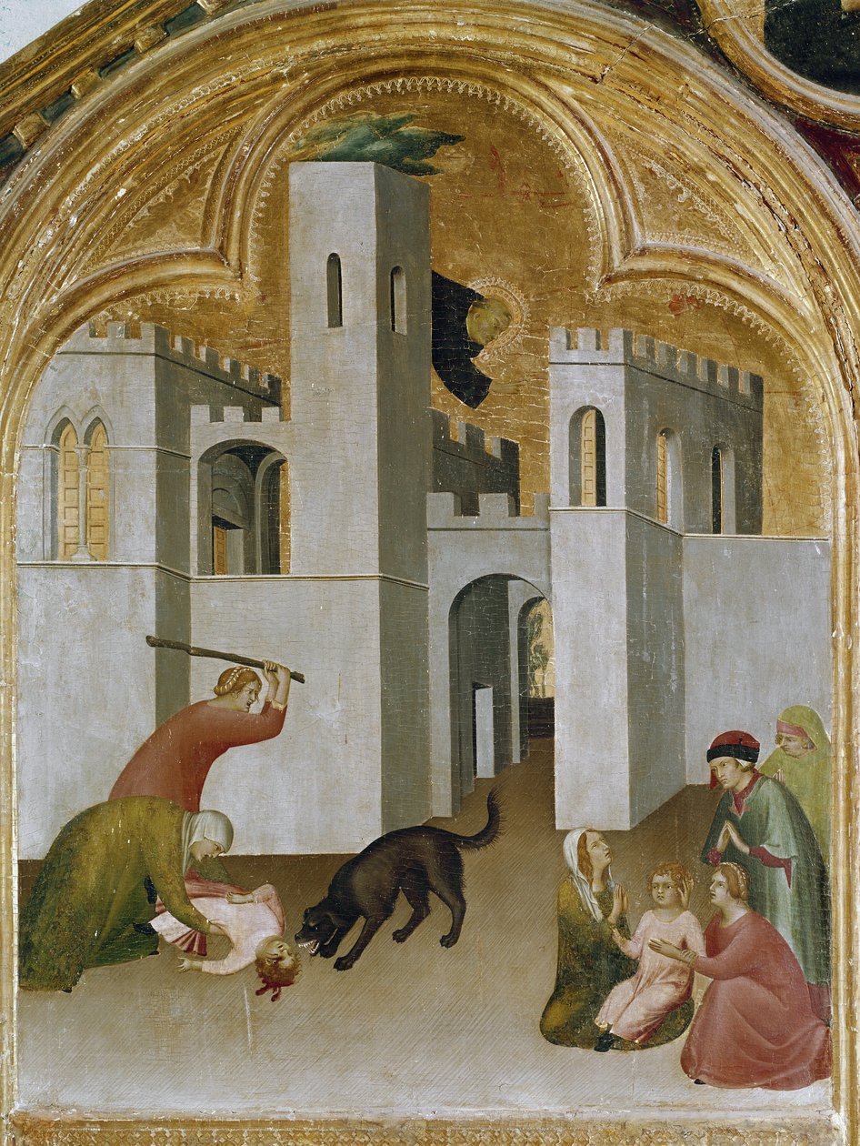 Çocuğun mucizesi bir kurdun dişlerinin arasına sıkışır. Üç Parçalı St. Augustine Hermit Tarihinin bir parçası (ahşap üzerine Tempera by Simone Martini