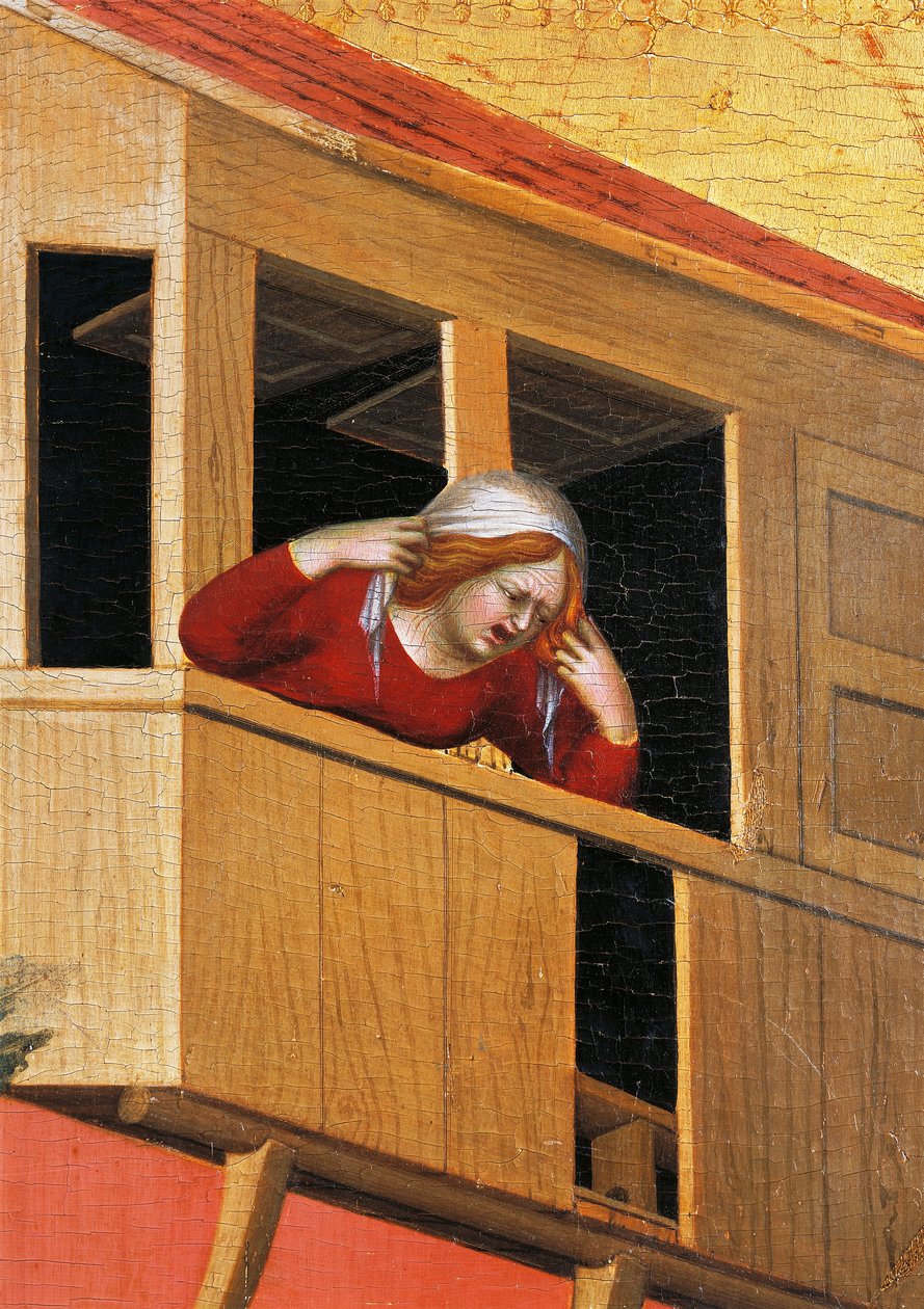 Balkondan sarkan kadın, Simone Martini'nin (1283-1344) Blessed Agostino Novello adlı altar panosu ve hayatının öykülerinden detay, tuval üzerine yağlı boya, 200x256 cm, yaklaşık 1330 by Simone Martini