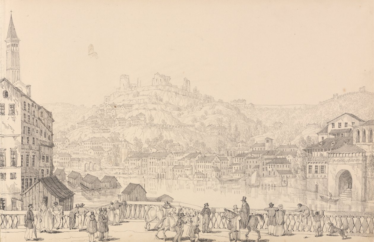 Tirol ve İtalya'da 30 Görünümden oluşan Albüm: Verona Şehri ve başka bir köprüden San Pietro Kalesi, 1 Kasım 1840 by Sir Charles D