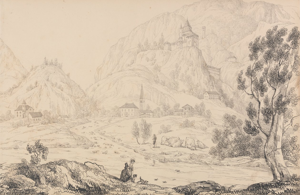 Tirol ve İtalya'da 30 Görüntüden oluşan Albüm: Kollman kasabası yakınlarındaki Trostburg Kalesi. Tirol. 28 Ekim 1840 by Sir Charles D