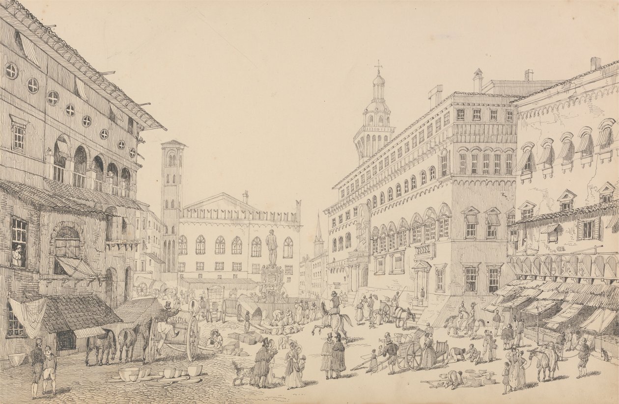 Tirol ve İtalya'da 30 Görünümden oluşan Albüm: Bologna'daki Meydan, Papa'nın elçisi Katedrali ve Sarayı 12 Kasım 1840 by Sir Charles D