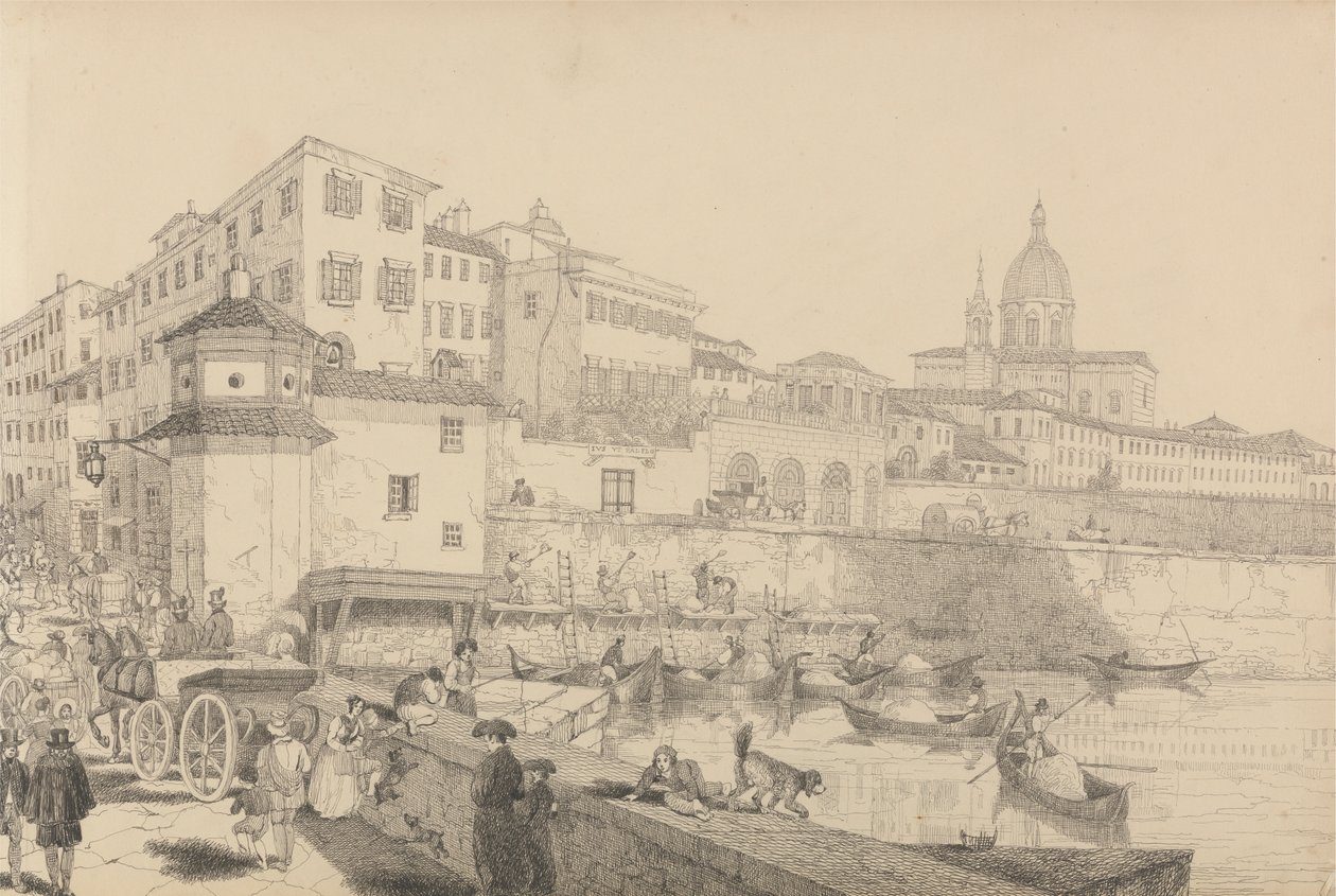 Tirol ve İtalya'da 30 Görünümden oluşan Albüm: Lung Arno'daki Casino Pecori'nin Görünümü, Sir Charles D'Oyly'nin Floransa'daki Rezidansı. 1 Mayıs 1842 by Sir Charles D