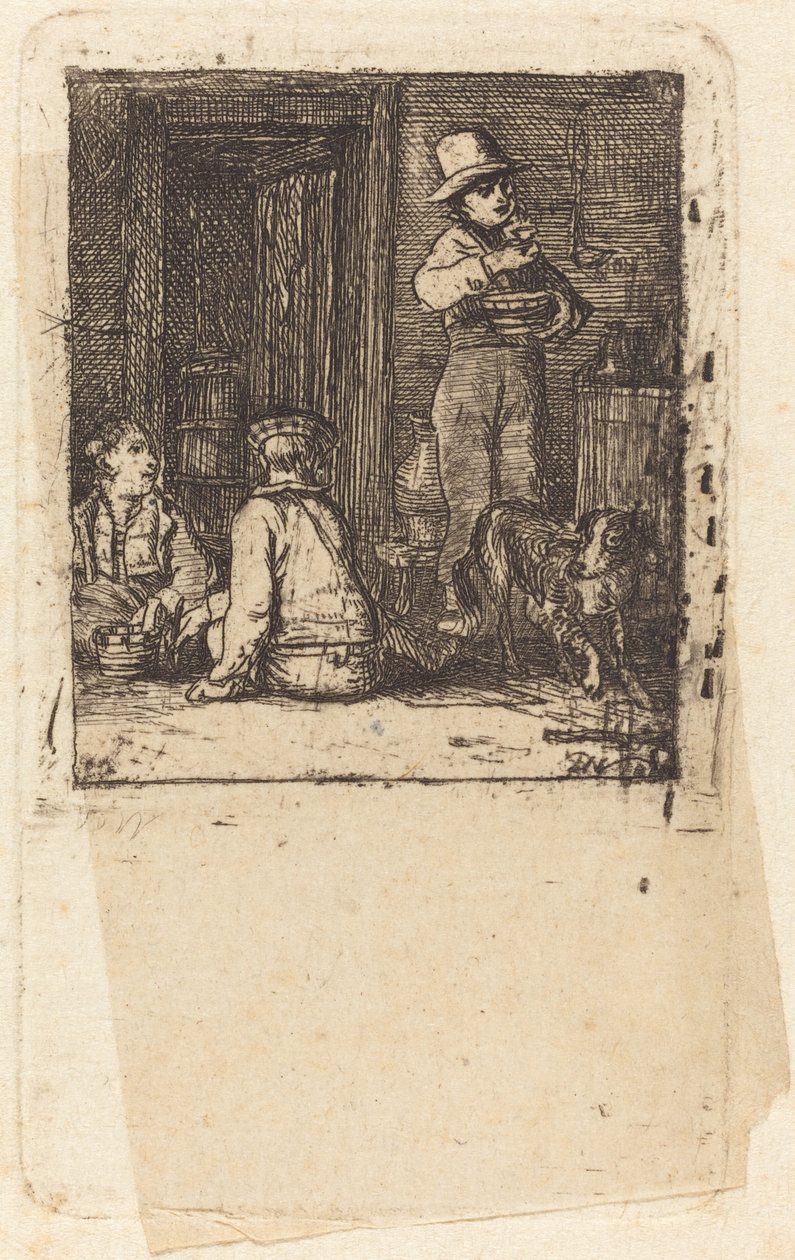 Üç Erkek ve Bir Köpek ile İç Mekan by Sir David Wilkie