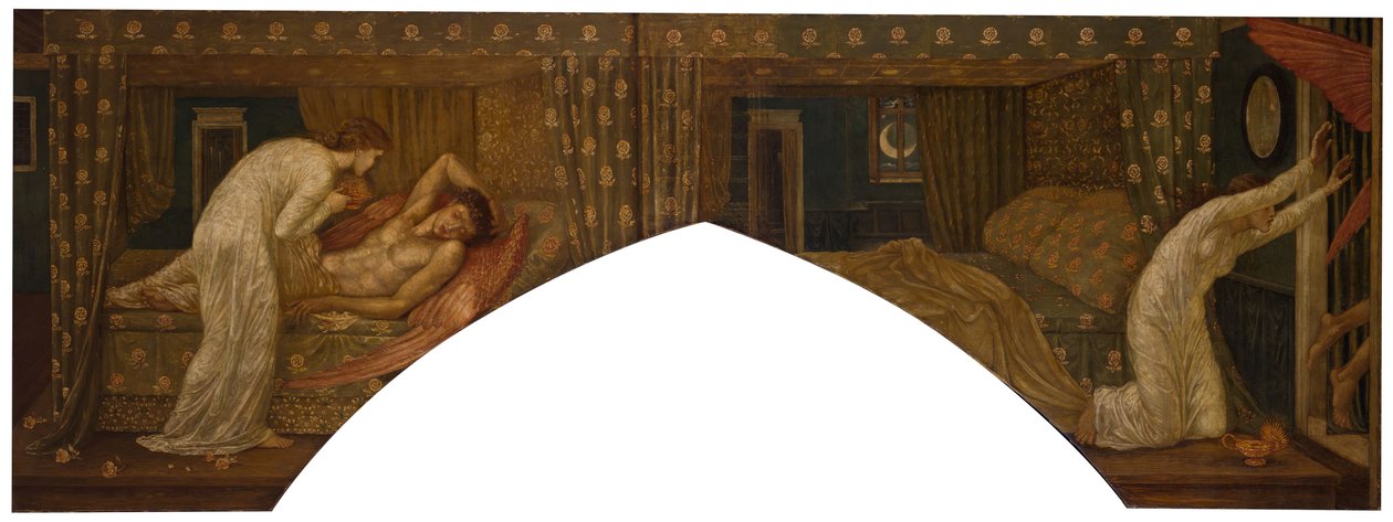 Aşk tanrısı ve Psyche - Saray Yeşil Duvar Resimleri - Lambayı tutan Psyche Yüzüne bakar..., 1881. by Sir Edward Coley Burne Jones