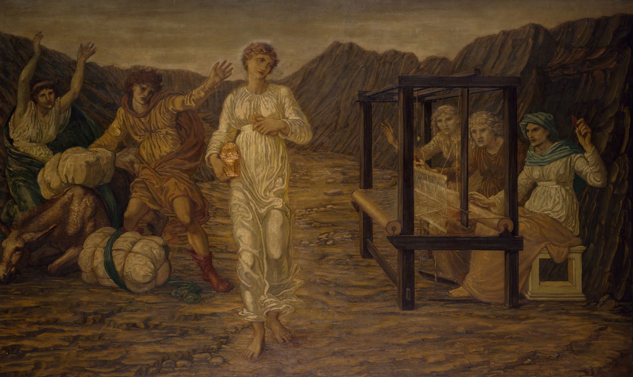 Aşk Tanrısı ve Ruh - Saray Yeşil Duvar Resimleri - Görev Venüs tarafından belirlenen Ruh, 1881. by Sir Edward Coley Burne Jones