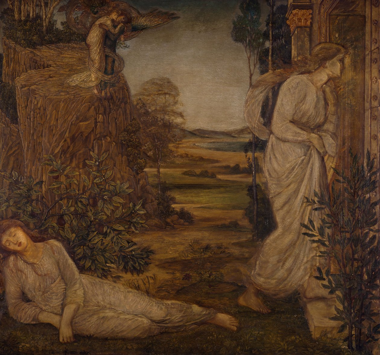 Aşk Tanrısı ve Ruh - Saray Yeşil Duvar Resimleri - Zephyrus, Ruhu Dağa Taşıyan, 1881. by Sir Edward Coley Burne Jones