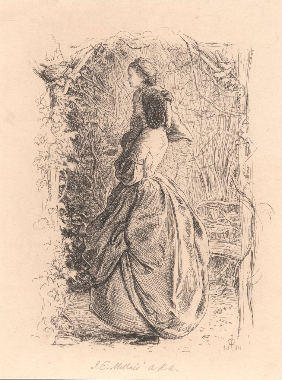 Mutlu Bahar Zamanı. Kadın ve Çocuk Yuvadaki Kuşa Bakıyor. by Sir John Everett Millais