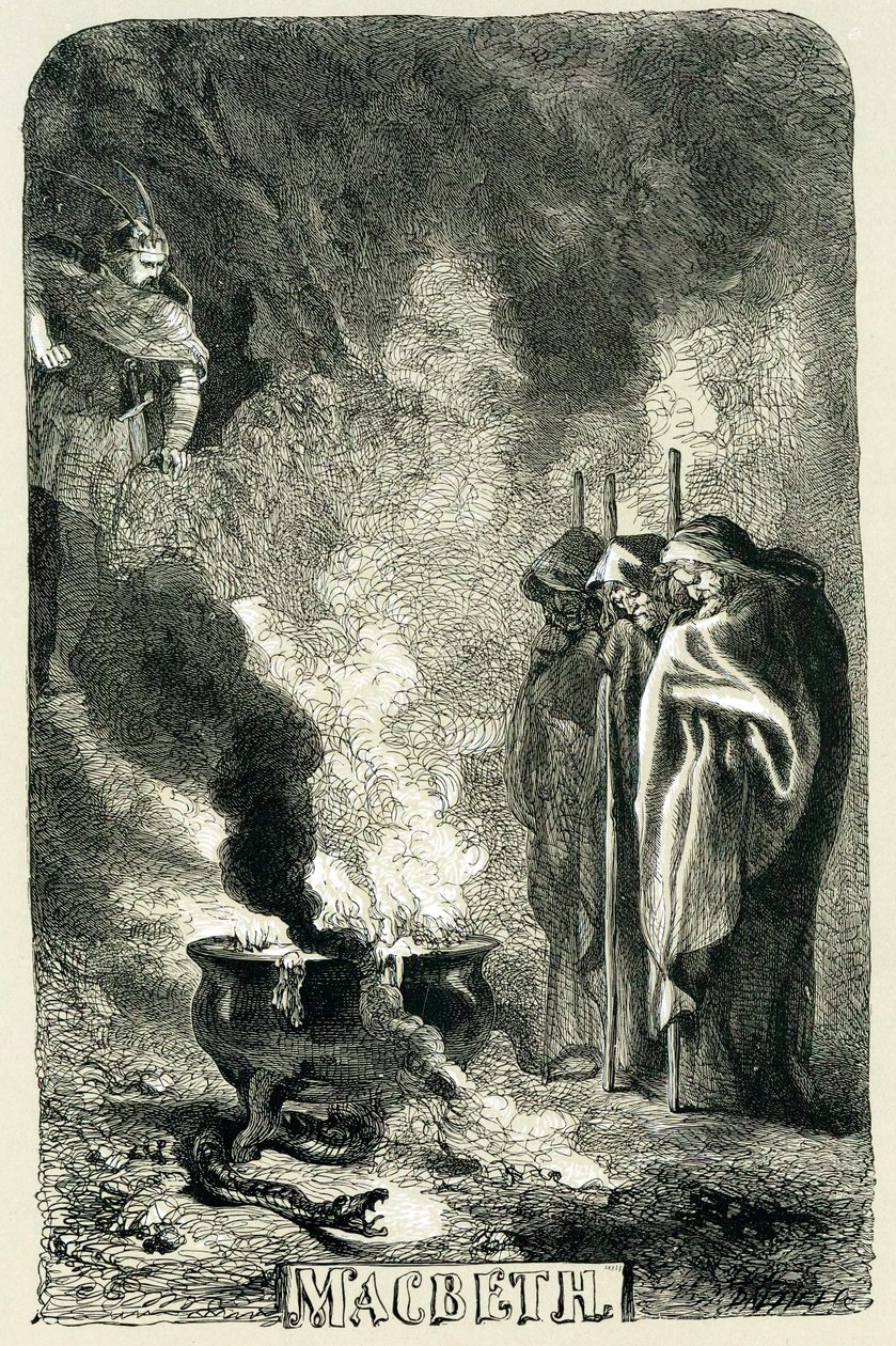 Macbeth, yanmış fundalıkta üç cadıyı ziyaret ediyor, 1858 by Sir John Gilbert