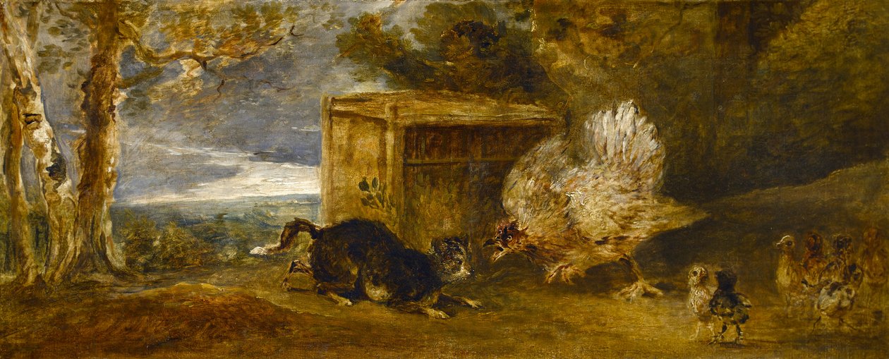 Tavuklarını Kedi Saldırısından Koruyan Tavuk by Sir Peter Francis Bourgeois