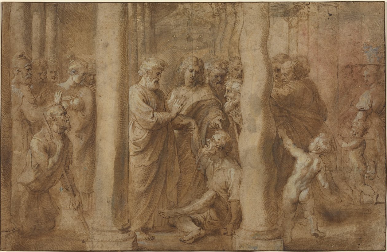 Aziz Peter ve Aziz John tarafından İyileştirilen Topal Adamın Mucizesi by Sir Peter Paul Rubens over Anonymous Italian after Parmigianino after Raphael