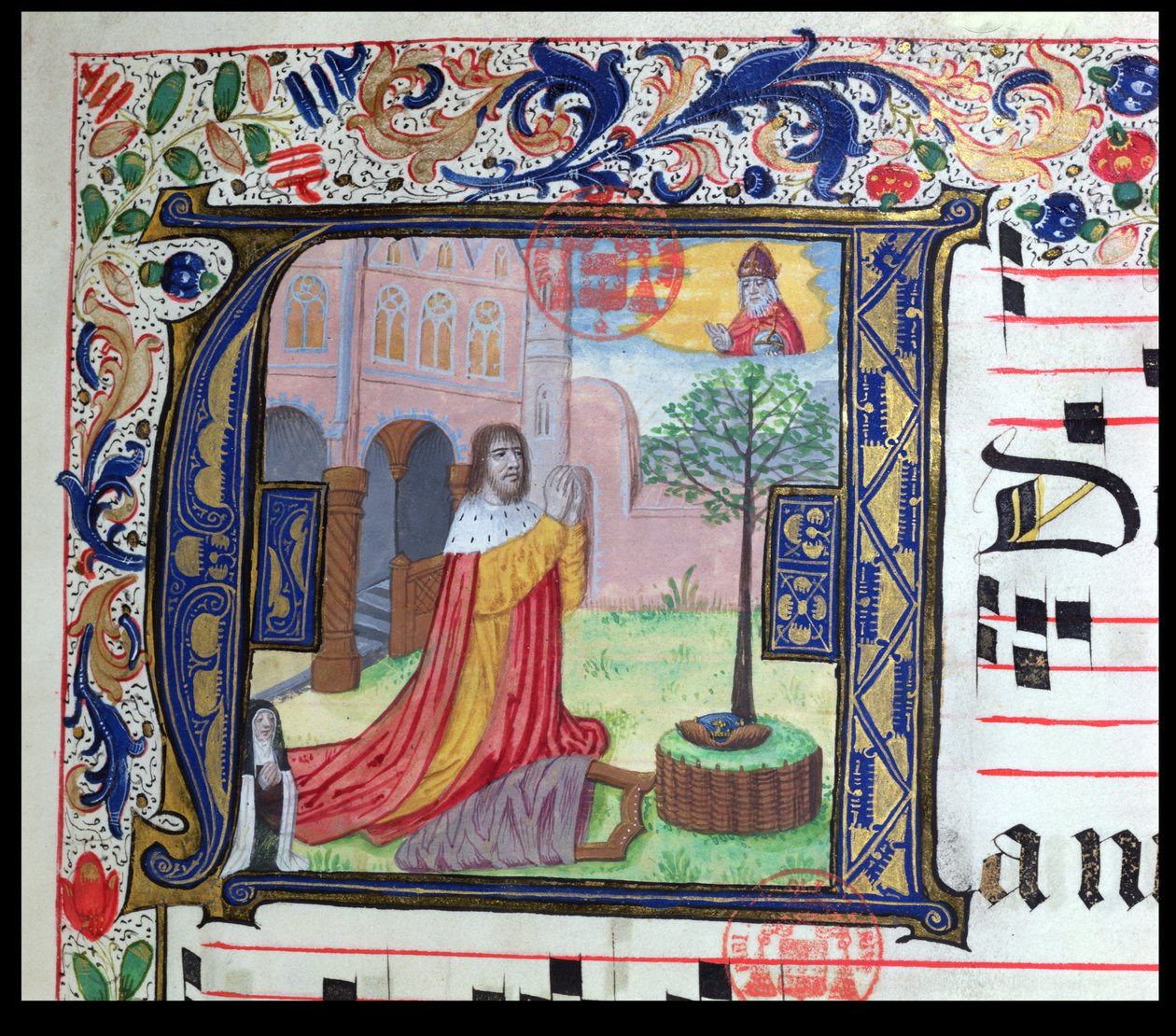 Ms 432 Historiated initial A, from a temporal used by the Sisters of the Congregation of the Carmelites of Bruges, written by Sister Margarita Bruynewe, 1505 vellum detail of 215014 by Sister Cornelia Wulfekkercke