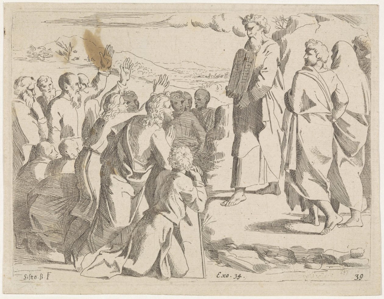 Musa şeriat levhalarını halka gösterir İncil sahneleri (dizi başlığı) Historia del Testamento Vecchio / Dipinta in Roma nel Vaticano da Raffaelle di Urbino (...) (dizi başlığı) by Sisto Badalocchio