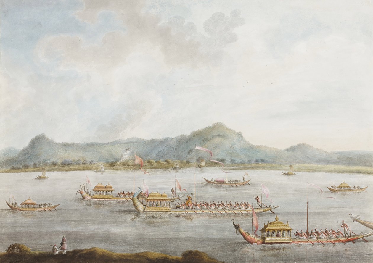 Murshidabad'ın Ganj'daki teknelerinin Nawab'ı, 1814 (kağıt üzerinde opak wc) by Sita Ram