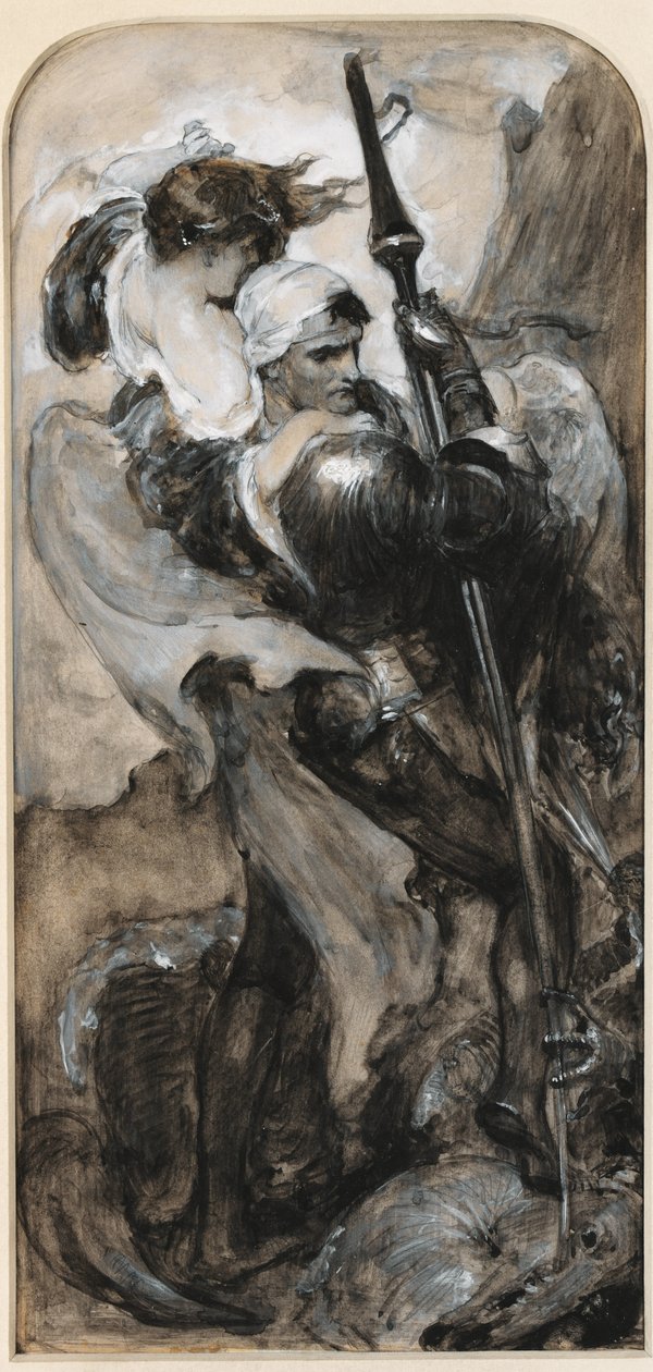St. George için çalışma (kalem ve beyazla yükseltilmiş gri yıkama) by Solomon Joseph Solomon
