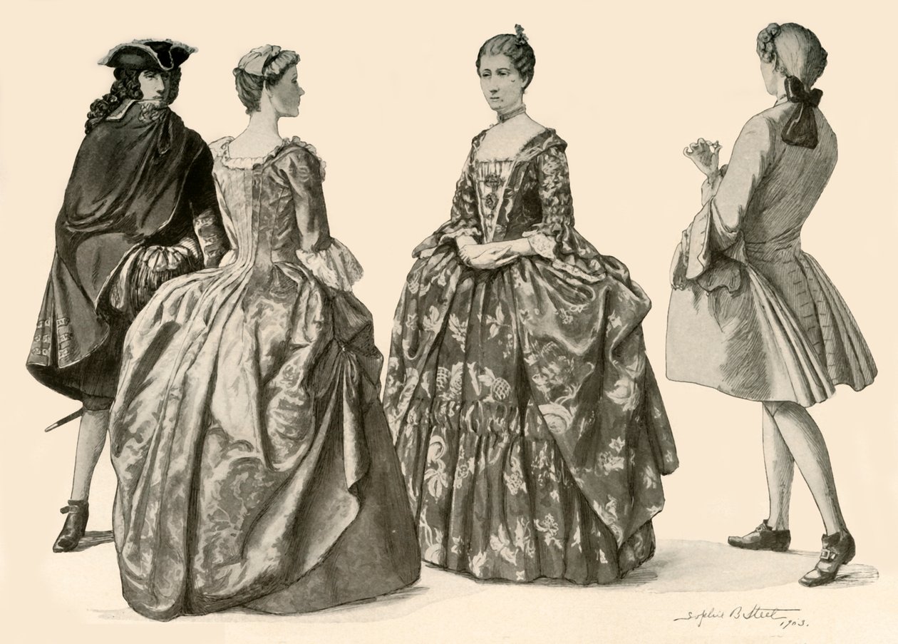 Kraliçe Anne ve George I, 1702-1725, 1903, 1937 saltanatları sırasında giyim. by Sophie B. Steel