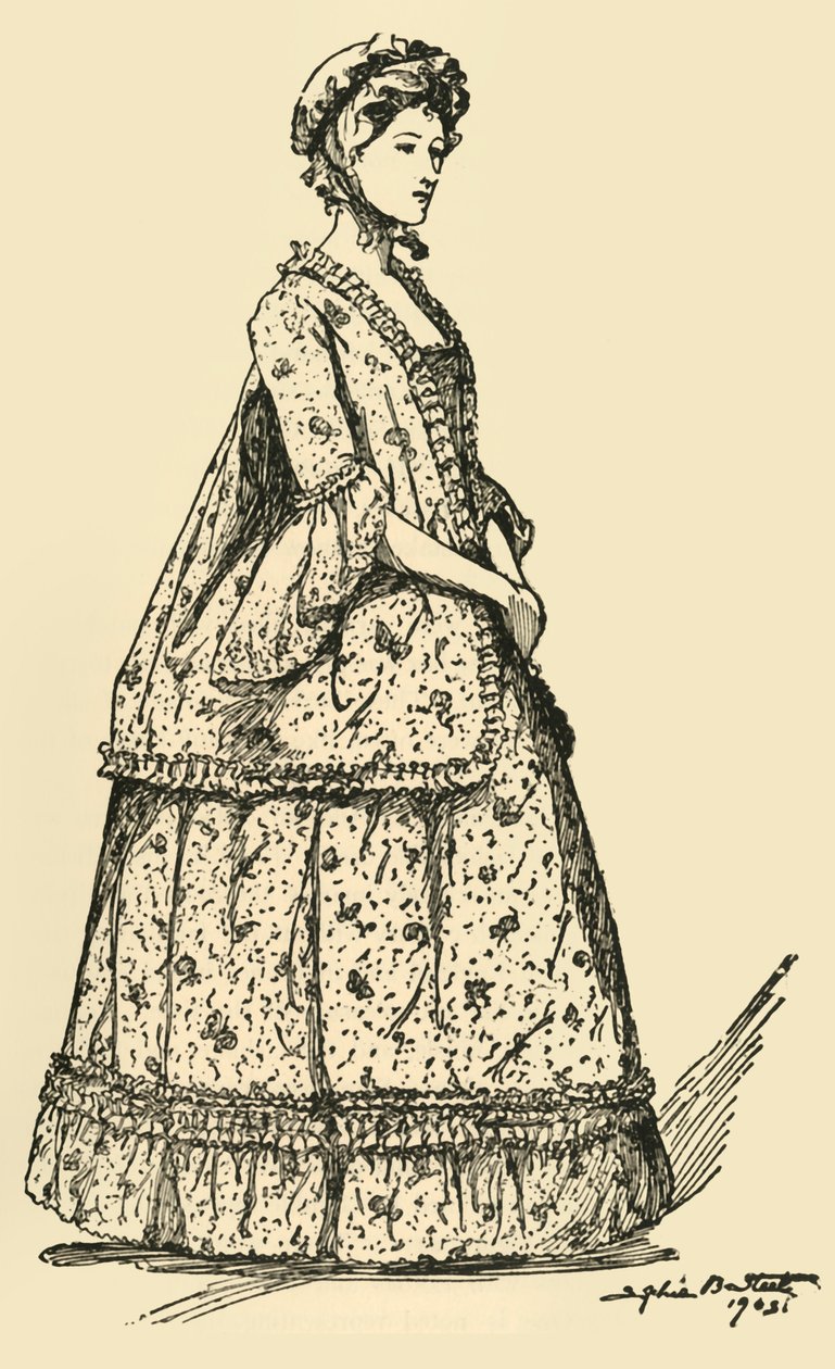 Bir kombinezonun üzerine giyilen kısa Watteau sacque resmi, c1750-1800, 1903, 1937. by Sophie B. Steel
