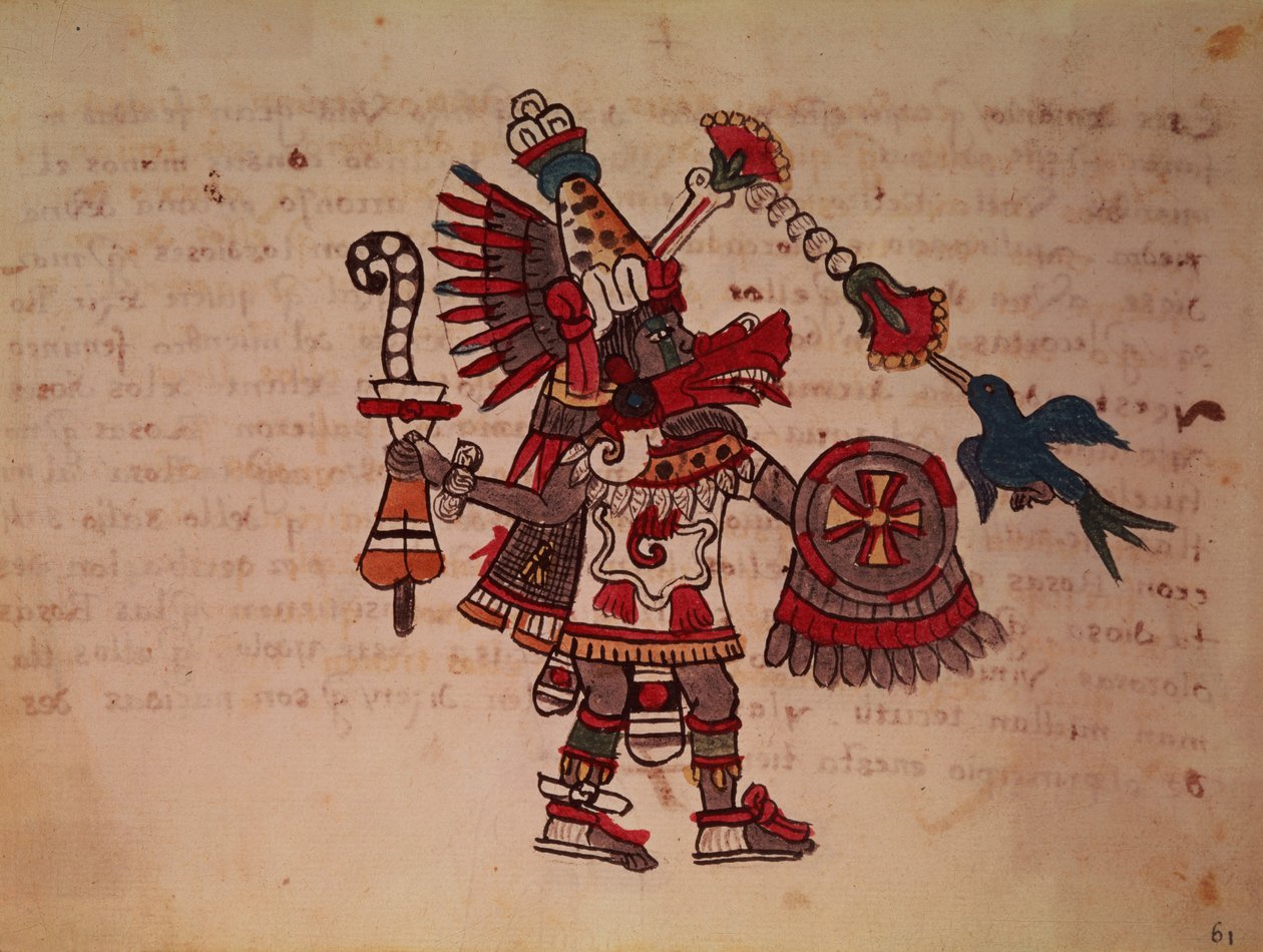Quetzalcoatl, tüylü yılan, rüzgar tanrısı, öğrenme ve rahiplik, yaşamın efendisi, yaratıcı ve uygarlaştırıcı, her sanatın hamisi ve metalurjinin mucidi (parşömen) by South American School