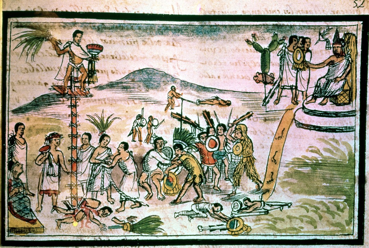 Aztec warriors engage in a ceremonial battle known as the Flowery War, in order to capture future victims for sacrifice by Spanish School