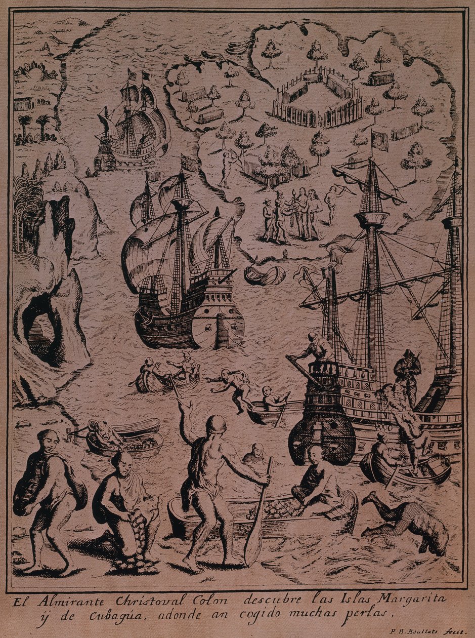 Christopher Columbus, birçok inci buldukları Margarita ve Cubagua adalarını keşfediyor. by Spanish School