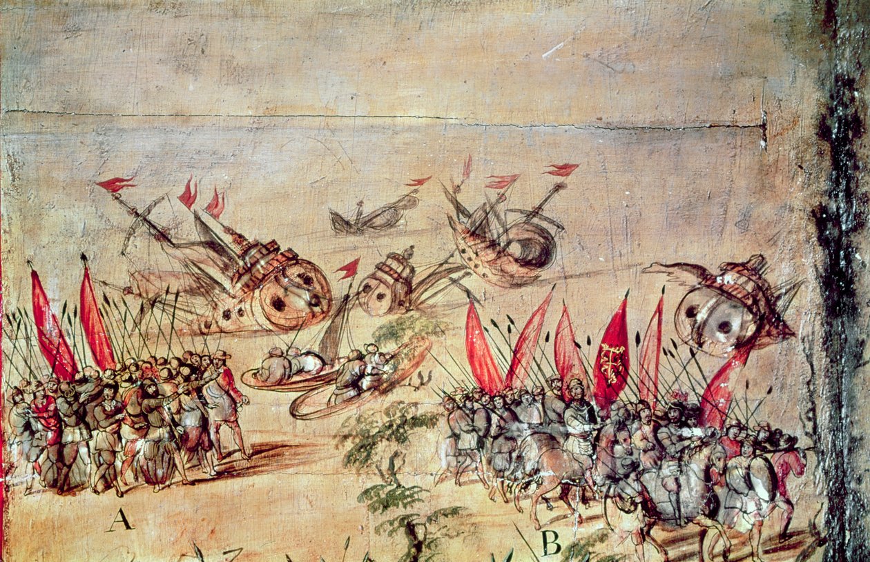 Cortes, filosunu Meksika açıklarında batırıyor, 1518 by Spanish School