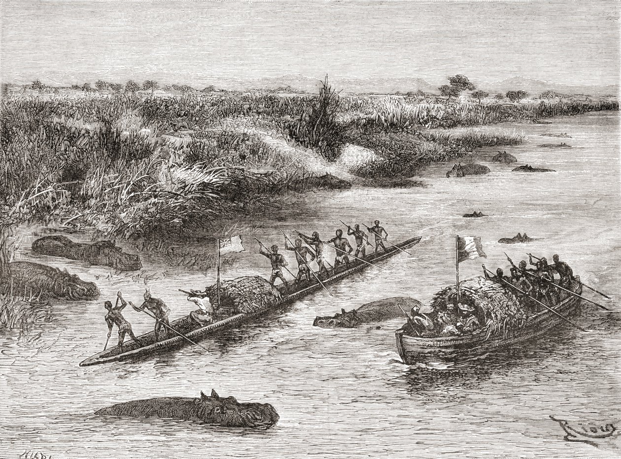 French and British explorers hunting hippopotamus on the Congo River in the 19th century, from 