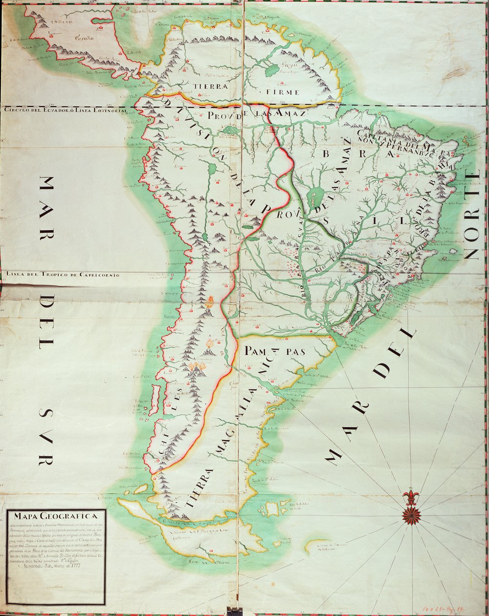 Güney Amerika Haritası, 1777 (wc, guaj ve kağıt üzerine kalem ve mürekkep) by Spanish School