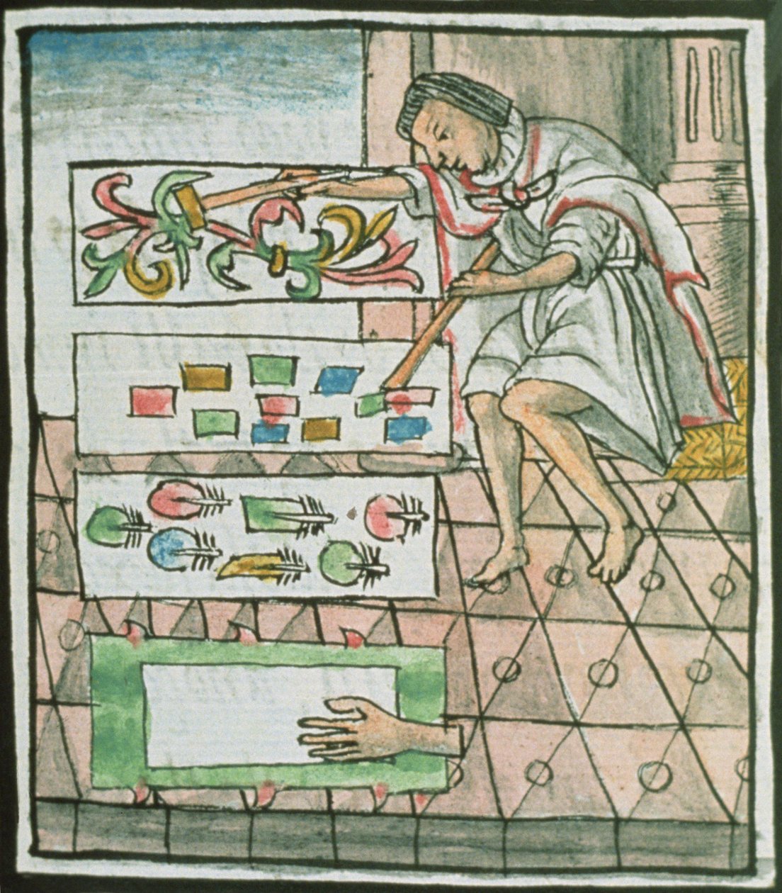 Bayan Palat. 218-220 Kitap IX Aztek tüy zanaatkarı tasarım ve kesme desenleri, Bernardino de Sahagun