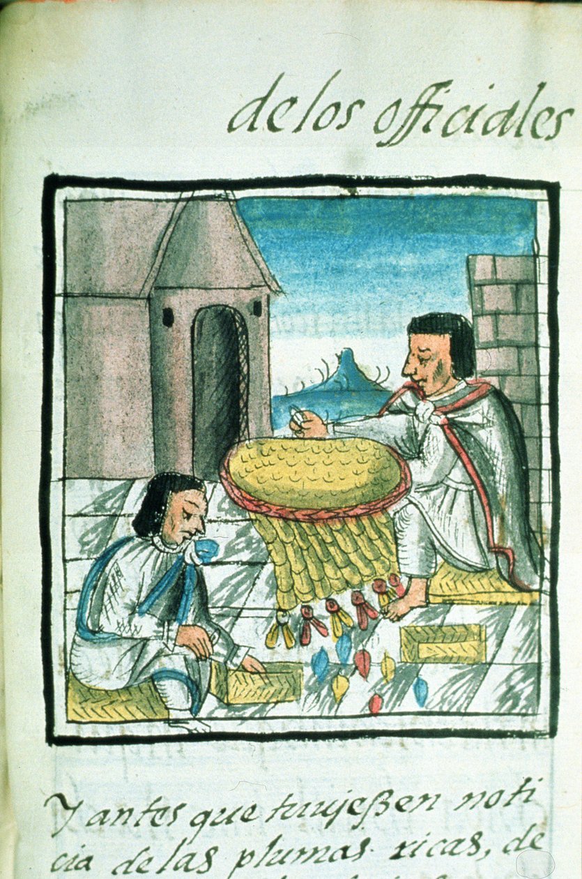 Bayan Palat. 218-220 Kitap IX Aztek tüy zanaatkarları iş başında, Bernardino de Sahagun