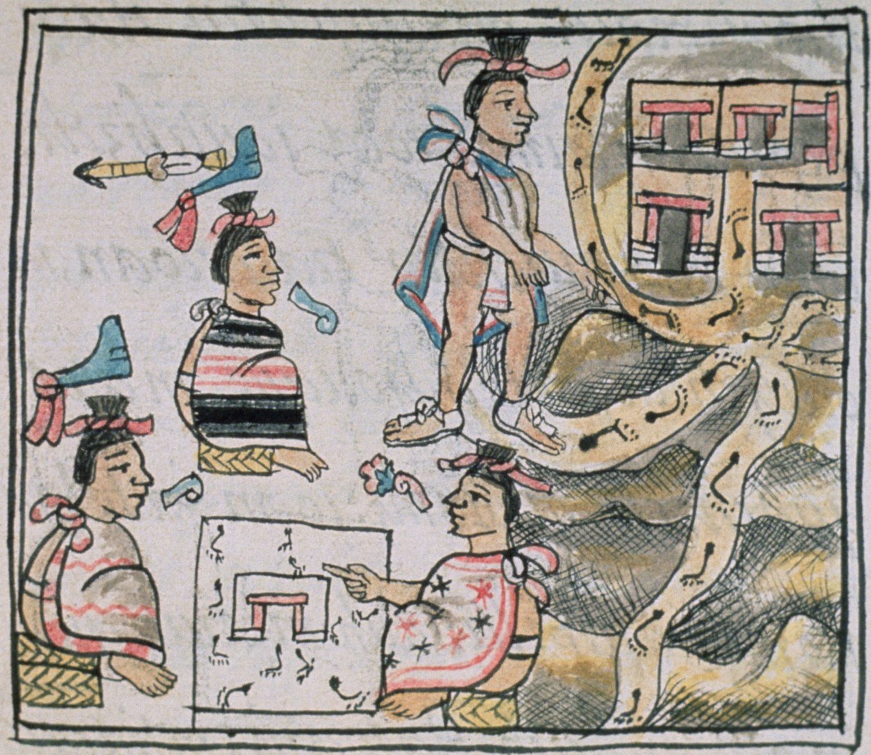 Bayan Palat. 218-220 Kitap IX Aztekler danışmanlık ve haritayı takip ediyor, Bernardino de Sahagun