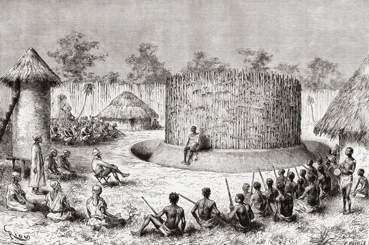Reception for explorer Pietro Paolo Savorgnan di Brazza in the village of Chief Mkewe, Tanzania, from 