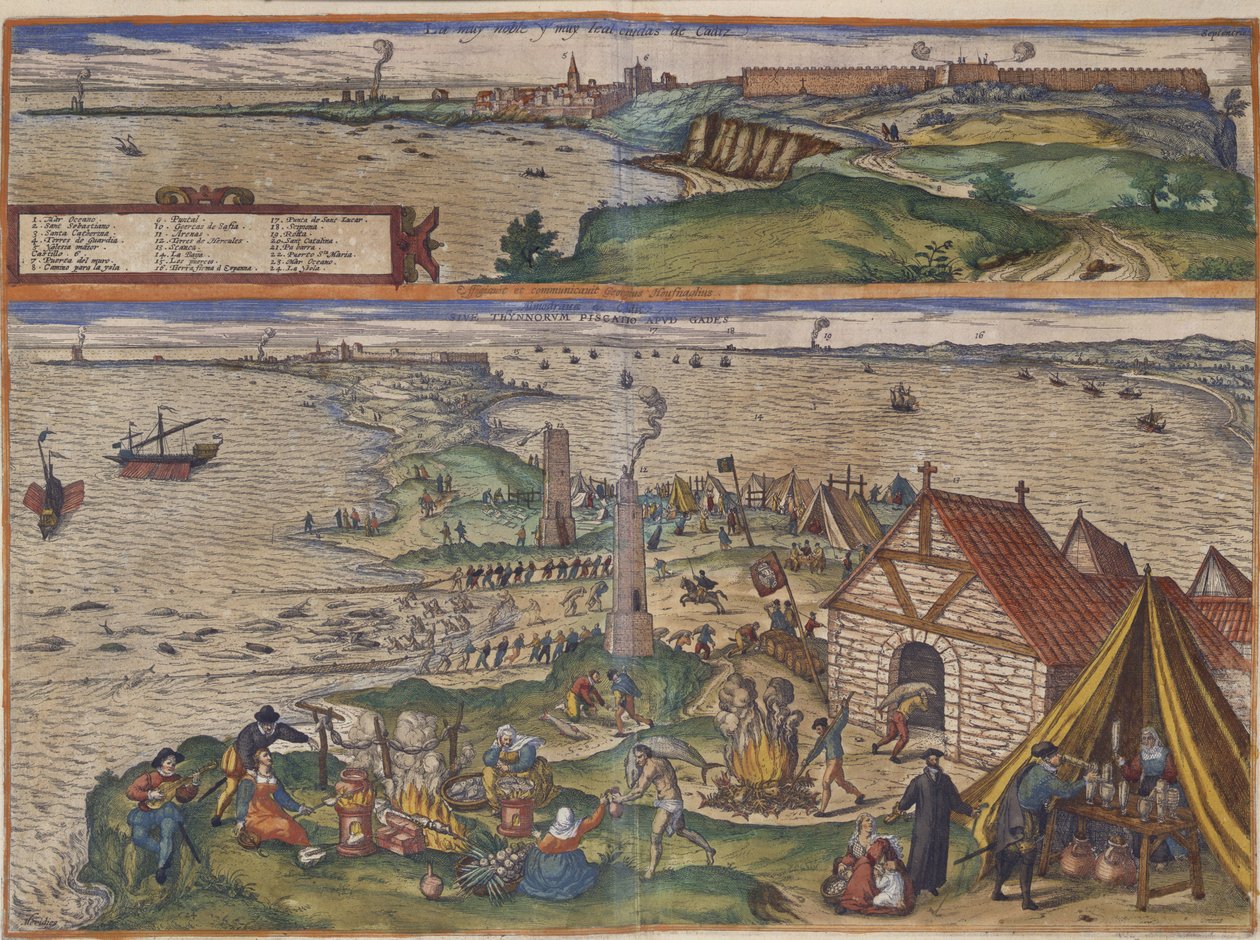 Cadiz manzarası (el renkli gravür) by Spanish School