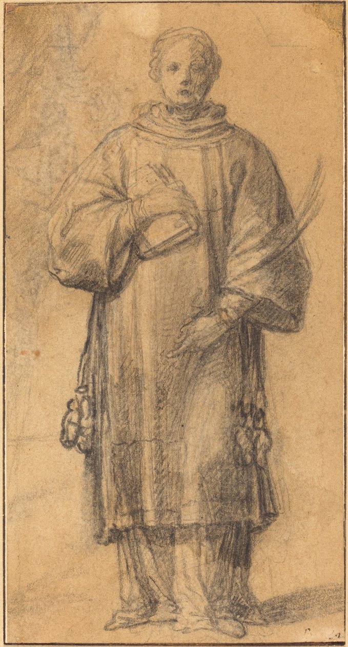 Bir Kitap ve Palmiye Frond Tutan Ayakta Bir Aziz by Spanish 17th Century