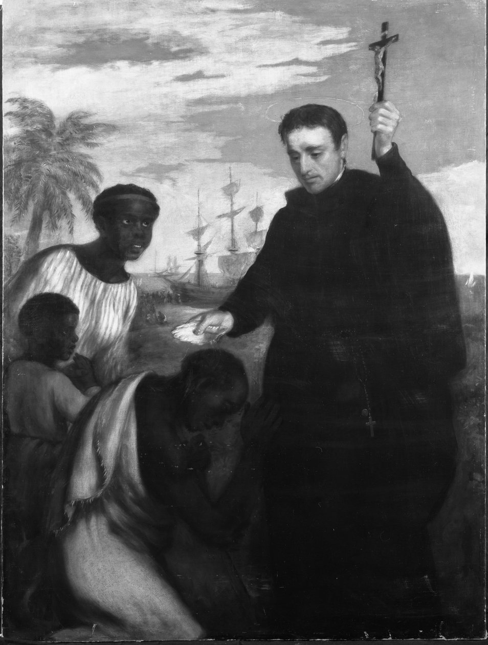 Bir Cizvit Misyoneri, belki Manuel de Nobrega veya Peter Claver, Vaftiz Siyahları (tuval üzerine yağlı boya) by Spanish School