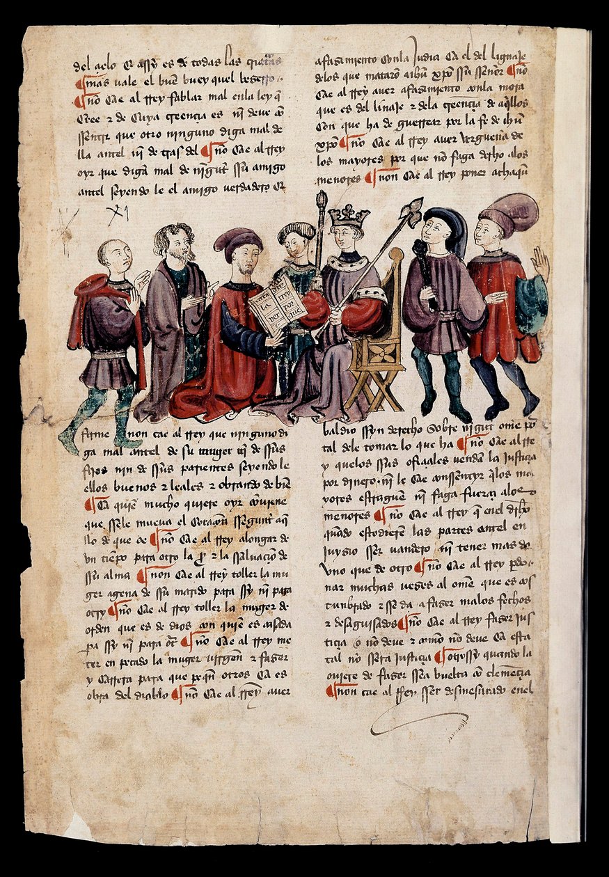 Bir adam krala bir kitap sunar, "Cezalar Kitabı veya İyi Yaşam İçin Belgeler" deki minyatür by Spanish School