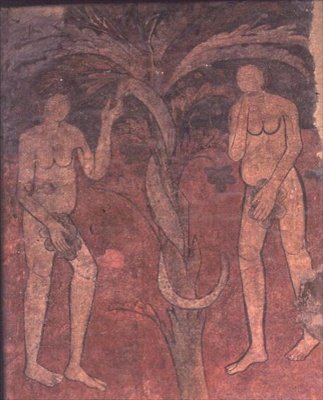 Adem ve Havva, Günahın Kökeni, Merkez Nef'in Apsis'indeki Zafer Takı'ndan Duvar Resmi, Sta. Maria de Barbera (duvar resmi) by Spanish School