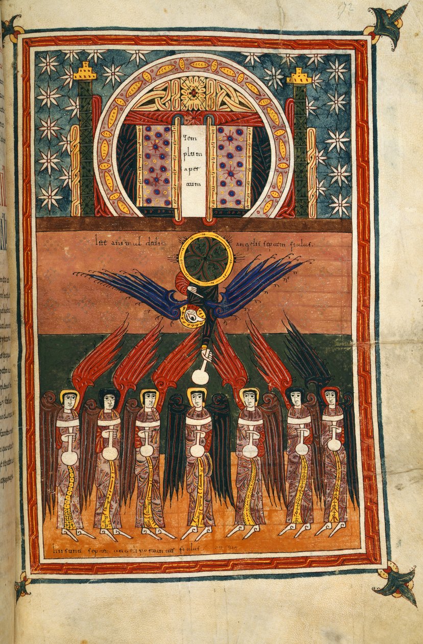 Ekle. 11695, f.172 Kutsal alandan şişeler taşıyan yedi veba meleği çıkar. Siloların Kıyametinden by Spanish School