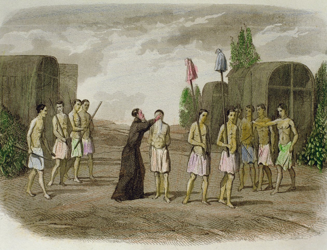 Tupinamba kabilesinin yerli bir kölesi, 1550'de Bahia yakınlarında bir Cizvit rahip tarafından vaftiz edilir. by Spanish School