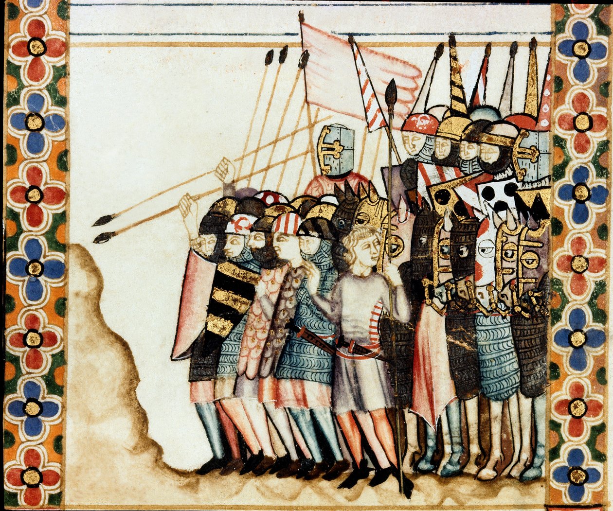 Armee des croises Aziz Meryem Şarkısı'nın (Cantigas de Santa Maria) bir el yazmasından alınan bir sayfanın detayı, Aziz Meryem'e ve mucizelerine adanmış minyatürleri süsler, Bilge Alfonso X'in (1221- 1221- 1284). by Spanish School