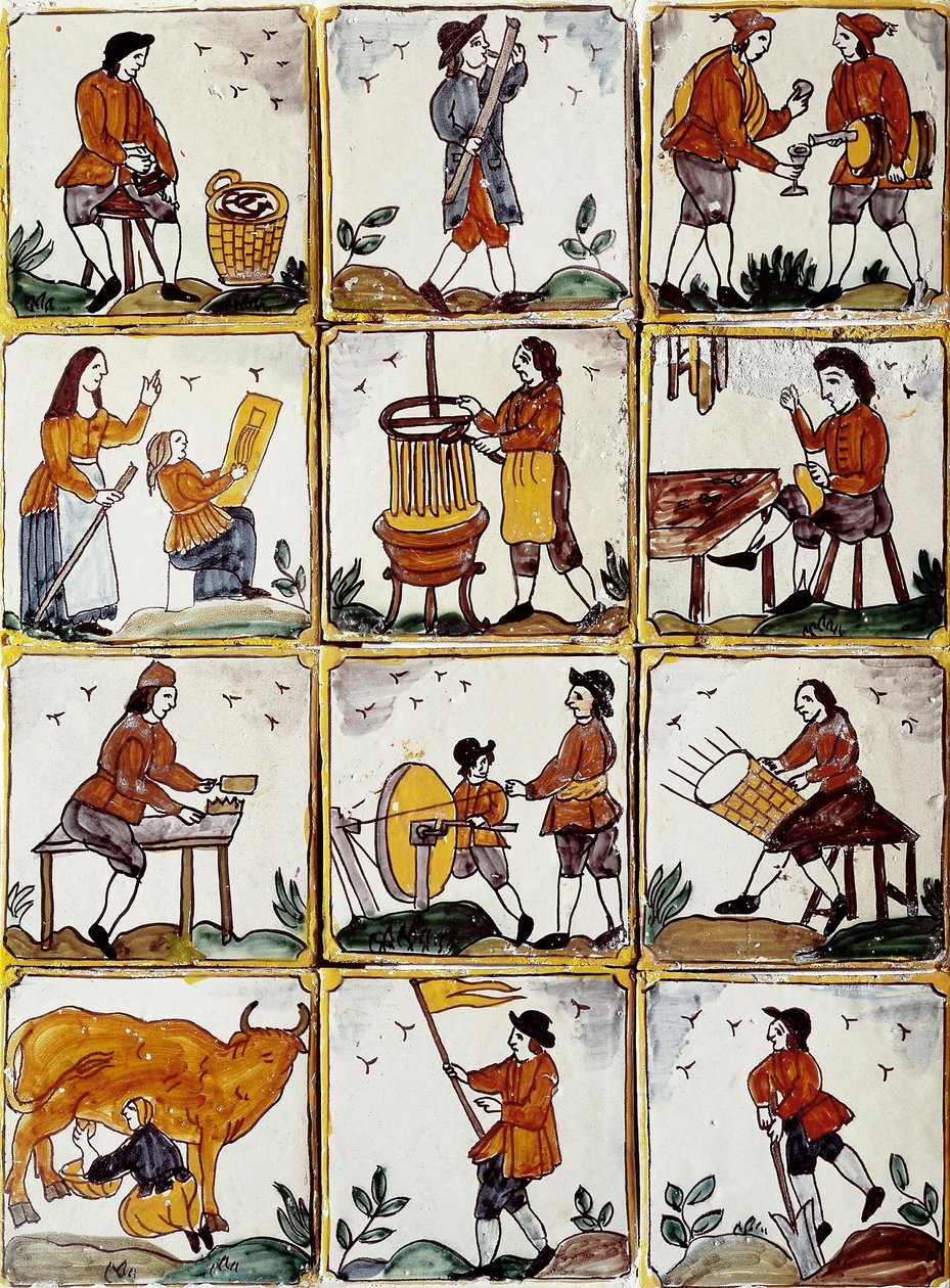 Zanaatkarlar: kunduracı, bakırcı, hasır sepet üreticisi, şarap üreticisi, lecon çizimi, müzisyen, inek sağımı, kalemtıraş, çiftçi, ebenist. Katalan seramik karoları (İspanya) by Spanish School