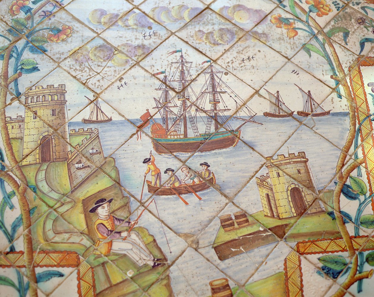 Gemilerle bir limanı tasvir eden Azulejos çinileri (seramik) by Spanish School