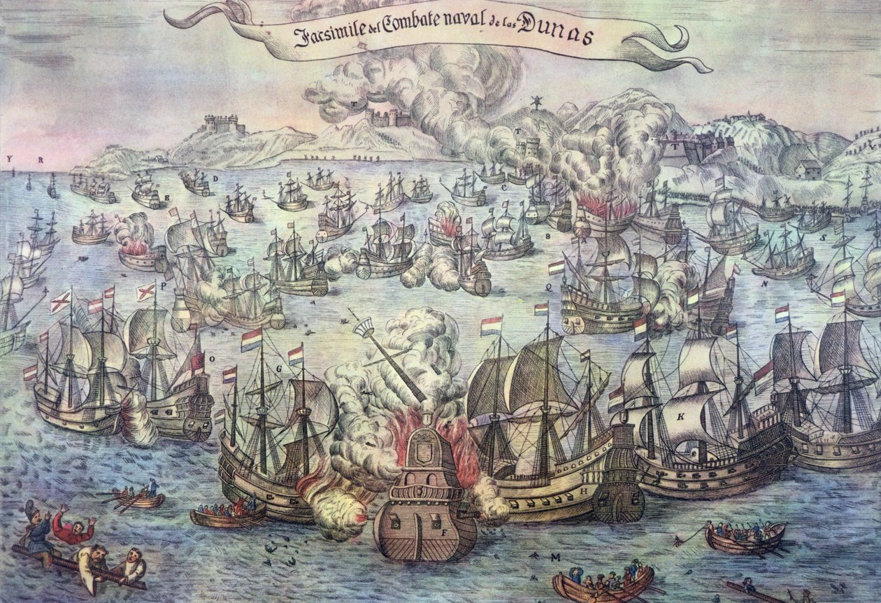 Downs Savaşı, 21 Ekim 1639 (renkli gravür) by Spanish School