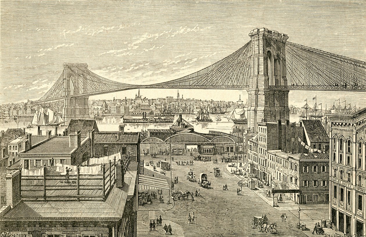 Brooklyn Köprüsü, New York, 19. yüzyılda Amerika Birleşik Devletleri. Madrid'de yayınlanan El Museo Popular'dan by Spanish School