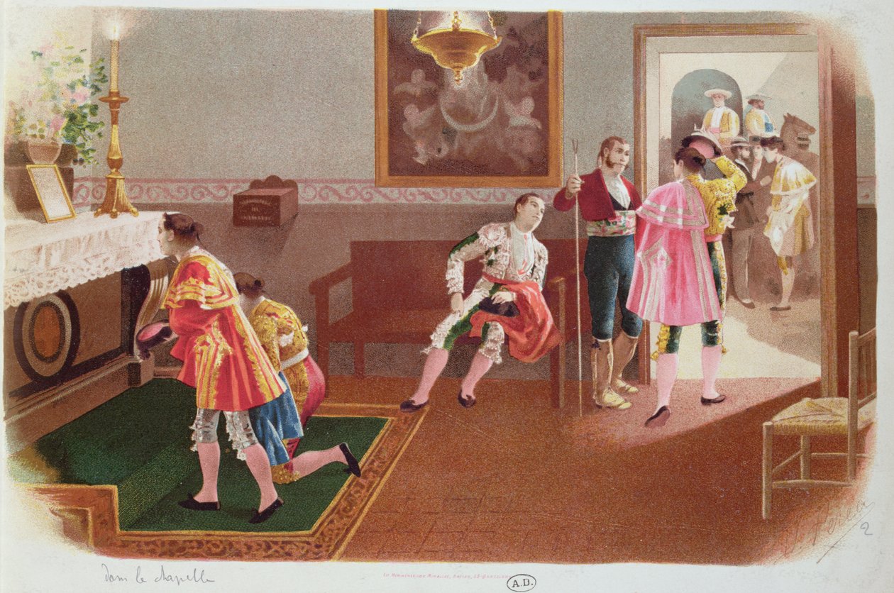 Dövüşten önce şapelde dua eden boğa güreşçileri, 1900 dolayları by Spanish School
