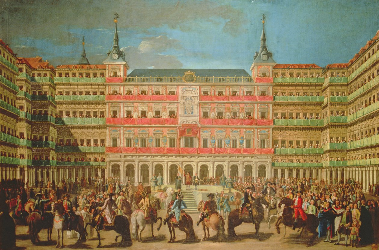 Carlos III'ün Madrid'e girişi için Plaza Mayor'un dekorasyonu by Spanish School