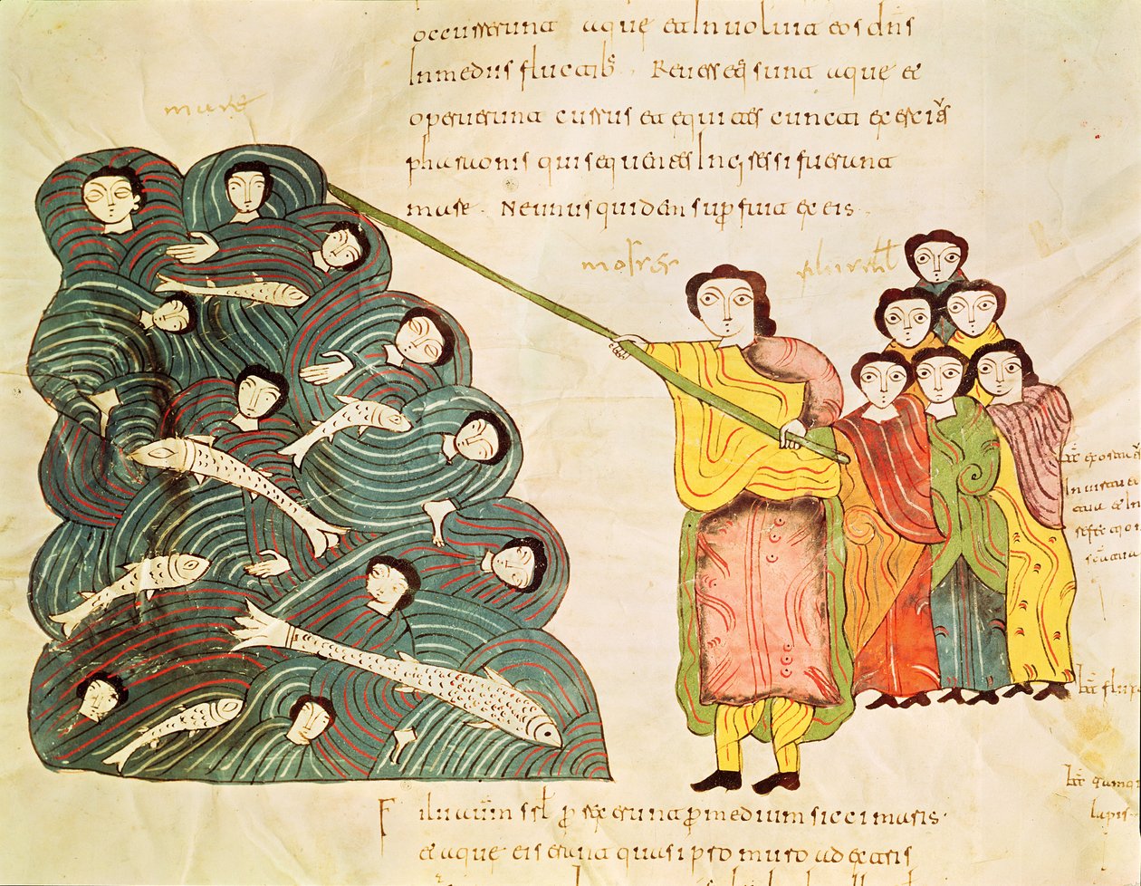 Fol.39v Musa, İncil Mozarabe'den Mısırlılar üzerinde Kızıldeniz'i kapatıyor by Spanish School