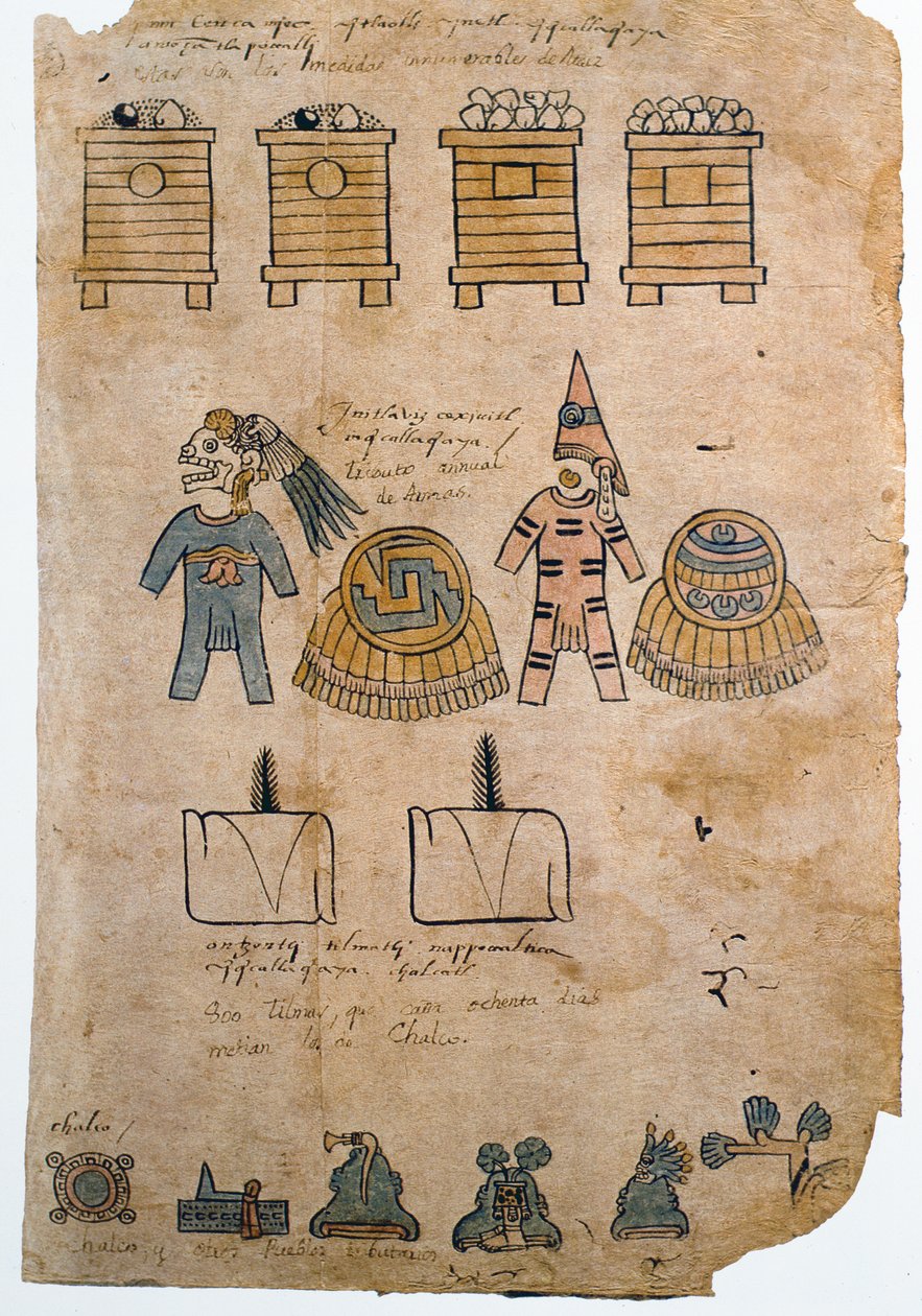 Folio 45 Fethedilen halklar tarafından Aztek imparatorluğuna ödenen haraç resimlerini içeren Codex Mendoza