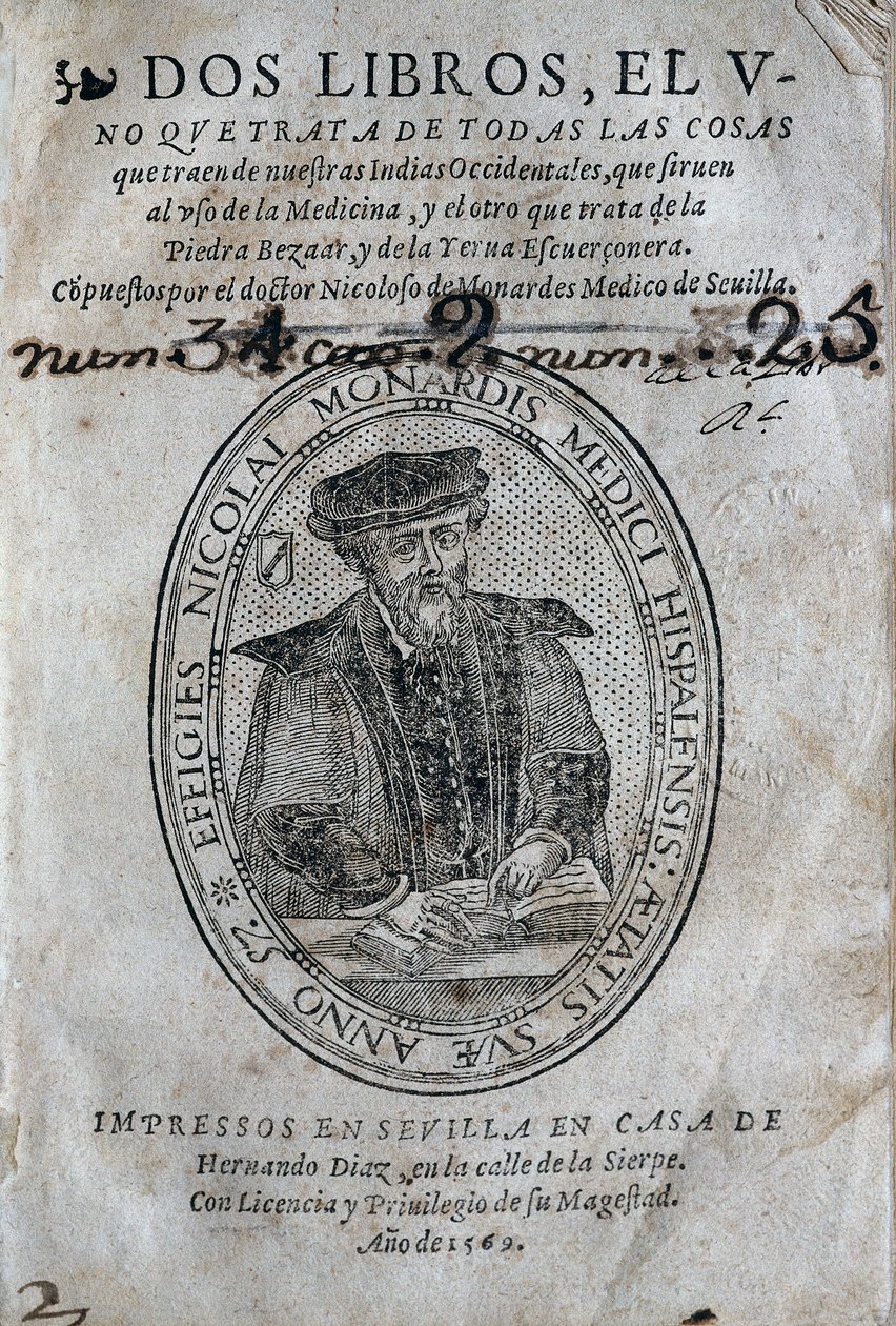 İspanyol Karayip adalarından bir tıp kitabının Nicolas Monardes (1493-1588) portresini ve bezoardın (zehir önleyici) kullanımlarını içeren ön yazı. Nicolas Monardes